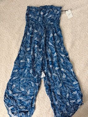 Japna Blue Leaf-Print Strapless Jumpsuit